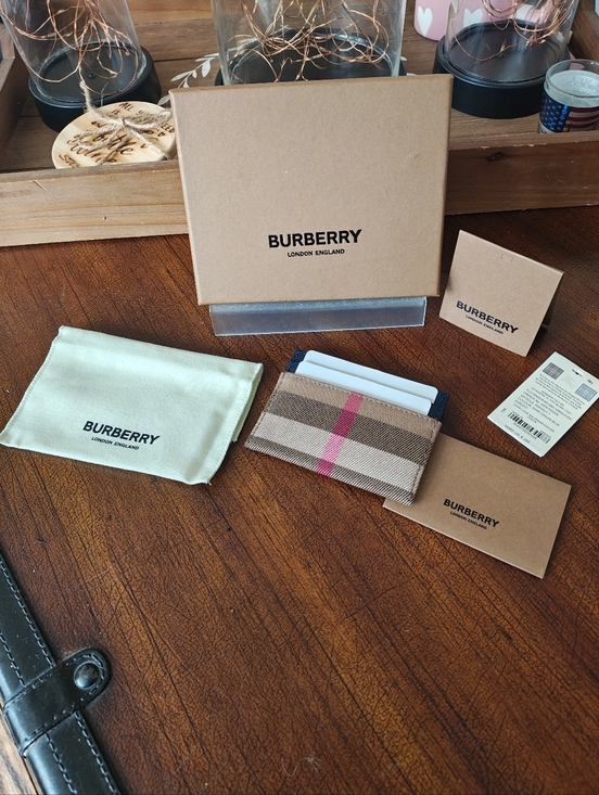 Burberry Handbags - Burberry Tan Check Card Holder with Red Accent Stripe